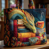 Handgefertigte Tasche - Lesender Drache mit Büchern und Taschen