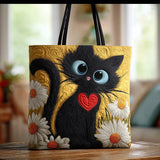 Handgefertigte Tasche - Schwarze Katze mit Margeriten