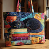 Handgemachte Tasche - Schwarze Katze mit Büchern und Tassen