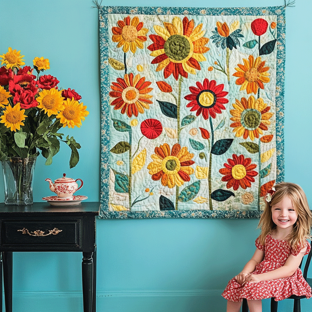 Trijntje - Gewattete Decke Künstlerischer Sonnenblumengarten Kunstquilt zum Aufhängen