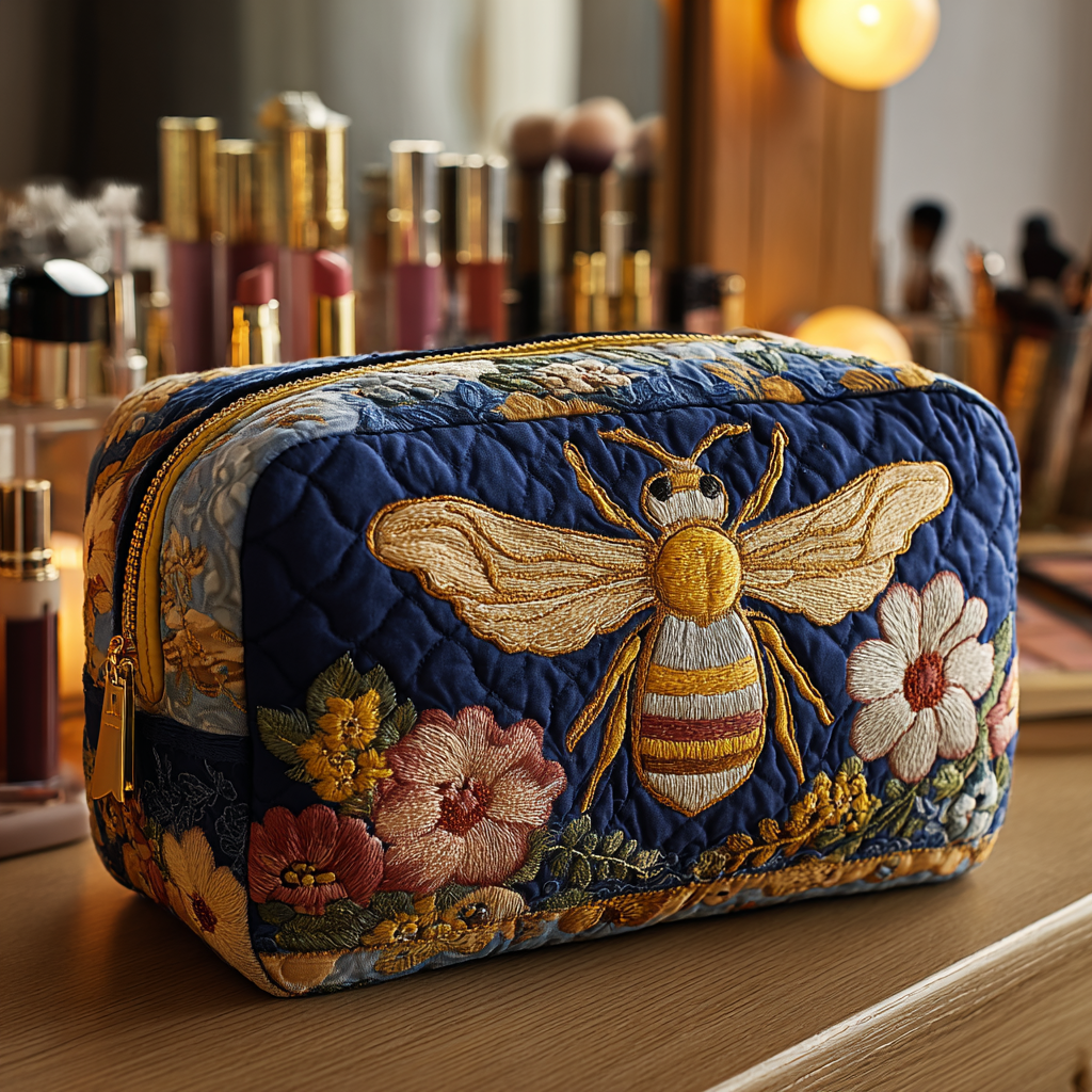 Janne - Gewattete Kulturtasche mit Bienen und Blumen