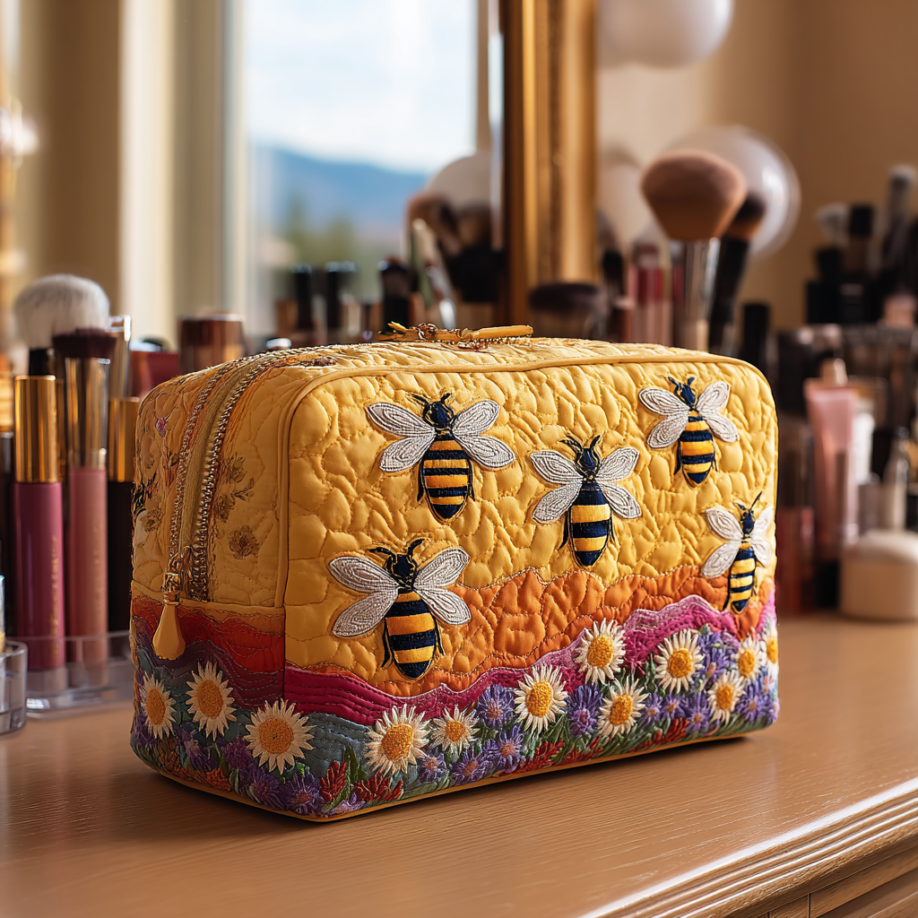 Hanne - Gewattete Kulturtasche Bienen und Blumen