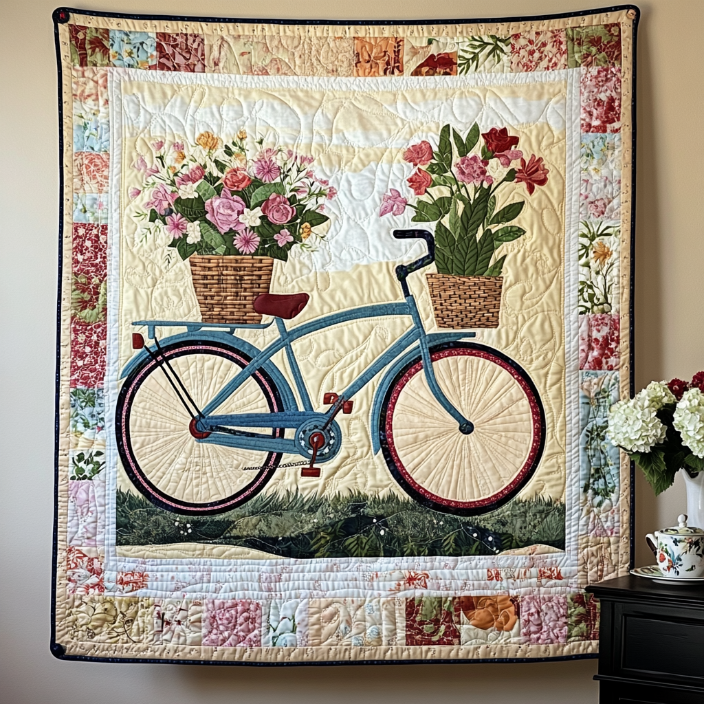 Klaasje - Gewattete Decke Fahrrad Blüte Reise Kunstquilt zum Aufhängen