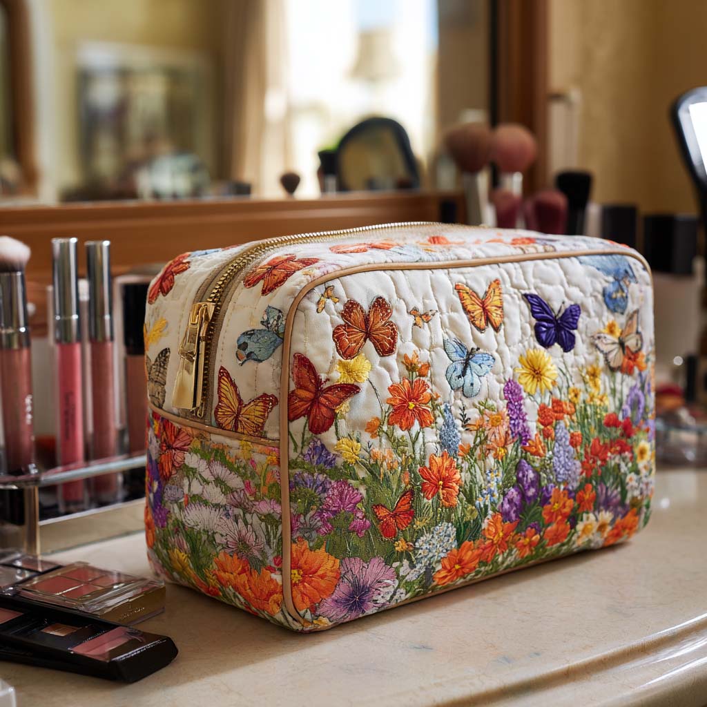 Femke - Gewattete Kulturtasche Gesticktes Blumenmuster