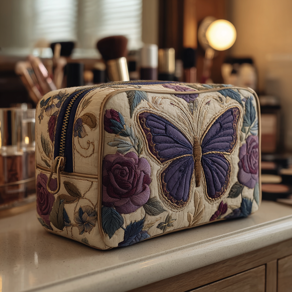 Bo - Gewattete Kulturtasche Gestickte Schmetterlinge und Blumen