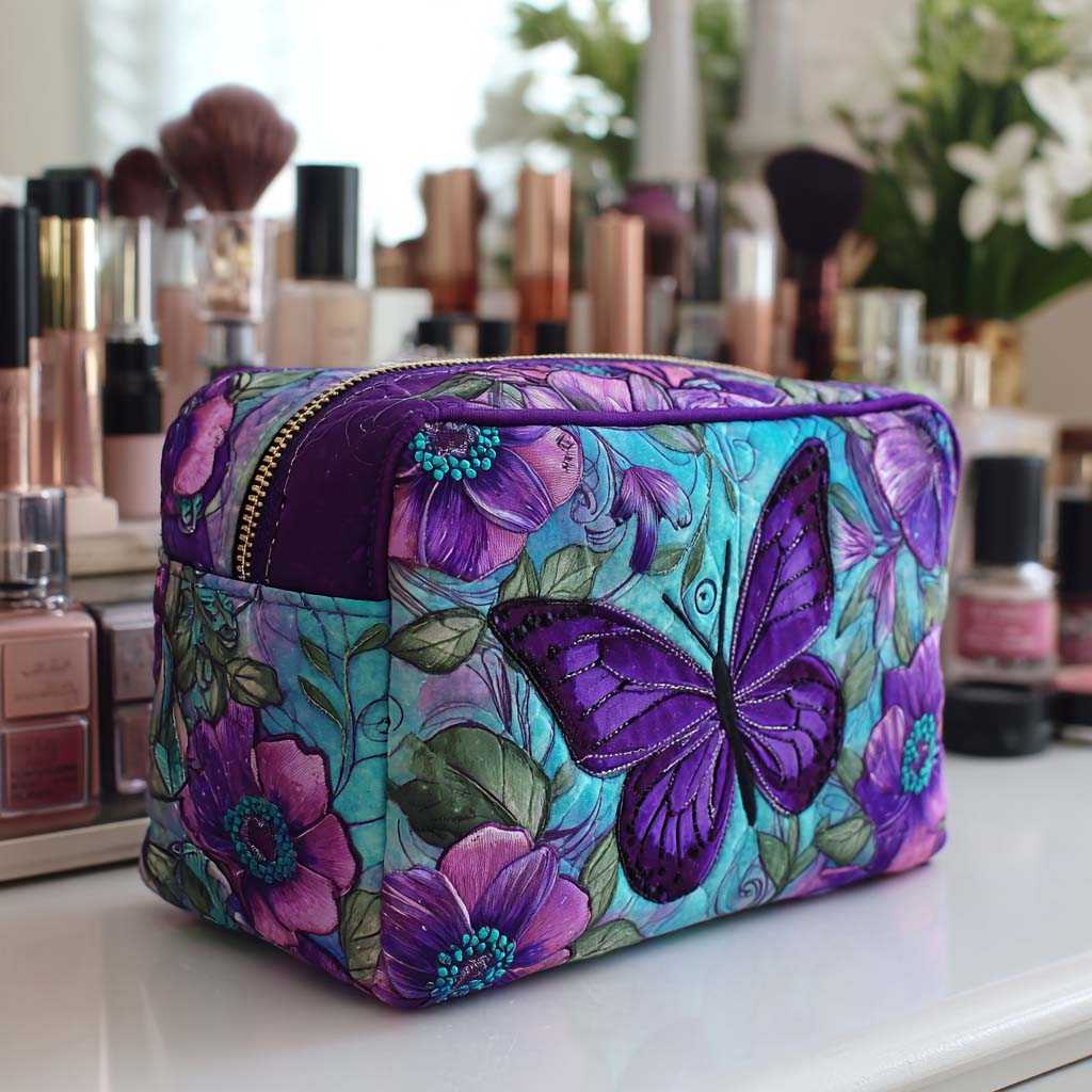 Amber - Gewattete Kulturtasche Gestickte Schmetterlinge und Blumen