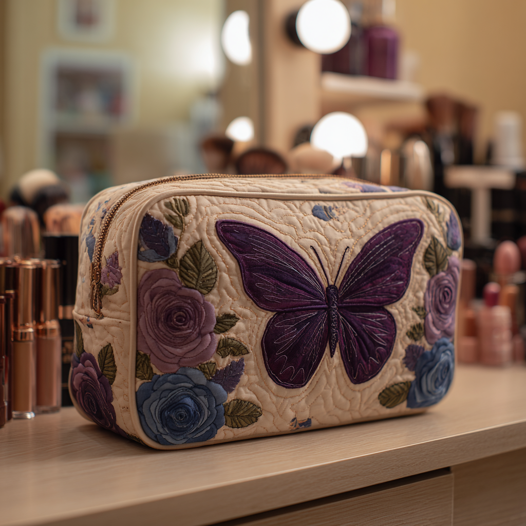Merel - Gewattete Kulturtasche Quilt und Schmetterling