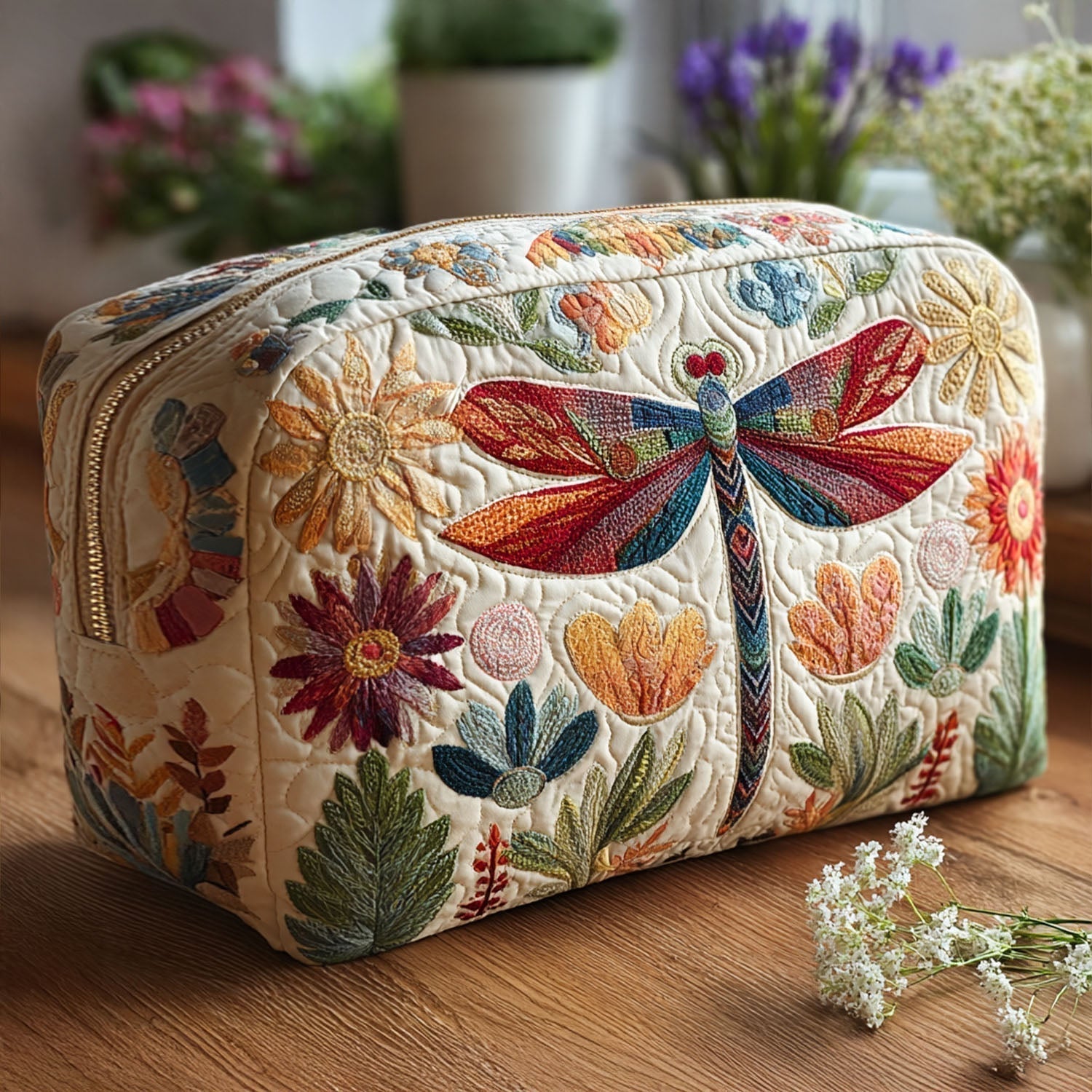 Fleur - Gewattete Kulturtasche Gesteppte Libelle in Himmelblau
