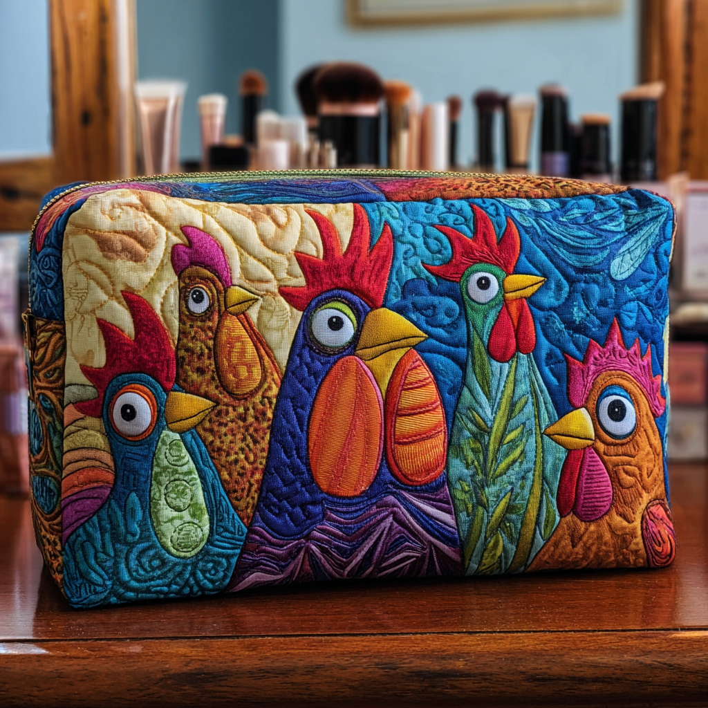 Sophie - Gewattete Kulturtasche Huhn und Blumen