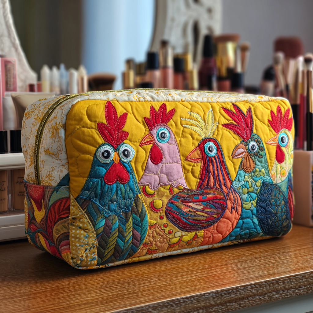 Wobbina - Gewattete Kulturtasche Gestickte Hühner im Gras