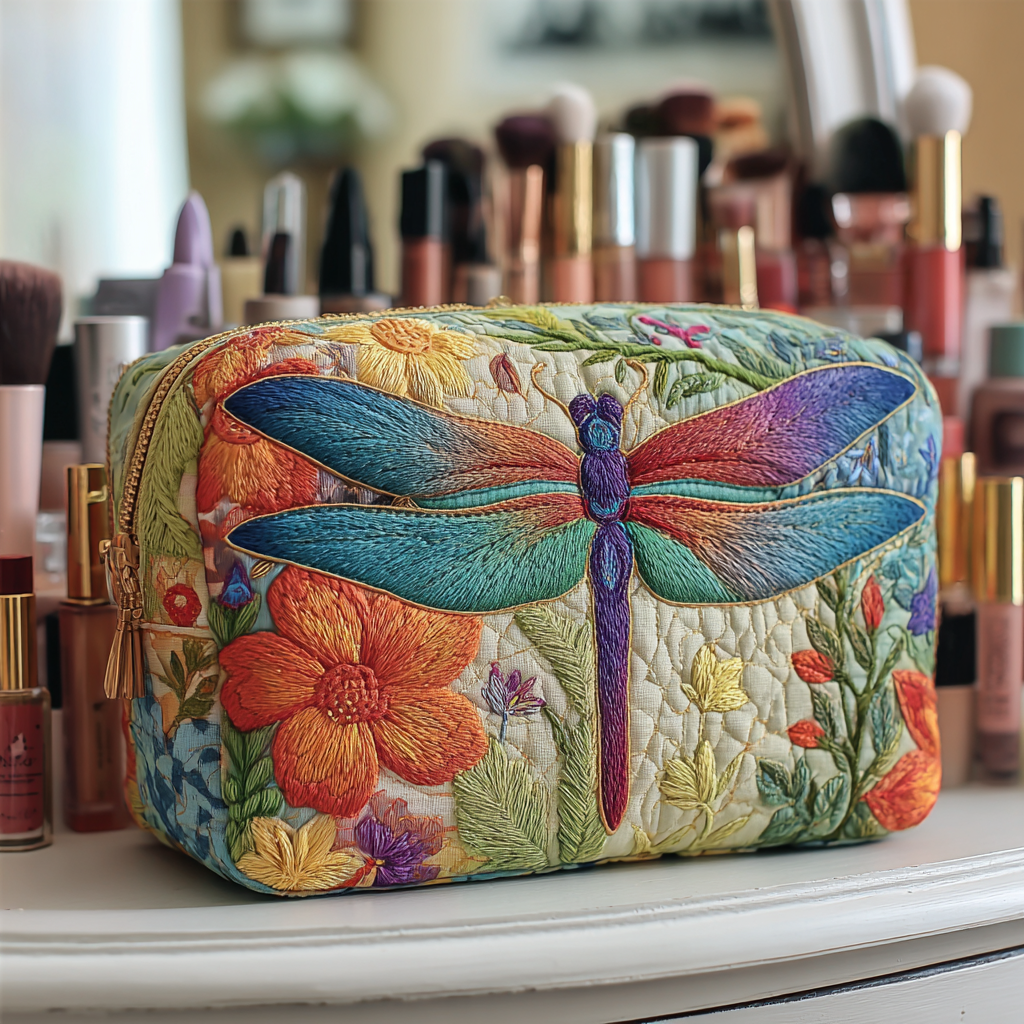 Lisa - Gewattete Kulturtasche mit goldener Libelle