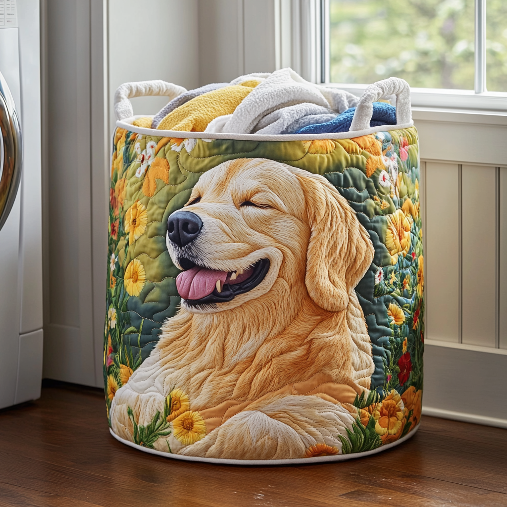 Gefütterter Wäschekorb - Golden Retriever Blumenmuster