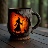 Halloween-Tasse 3D handgefertigt mit Zauberer- und Katzenmotiv