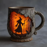 Halloween-Tasse 3D handgefertigt mit Zauberer- und Katzenmotiv