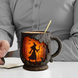 Halloween-Tasse 3D handgefertigt mit Zauberer- und Katzenmotiv
