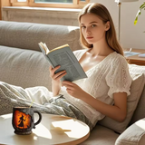 Halloween-Tasse 3D handgefertigt mit Zauberer- und Katzenmotiv