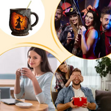 Halloween-Tasse 3D handgefertigt mit Zauberer- und Katzenmotiv