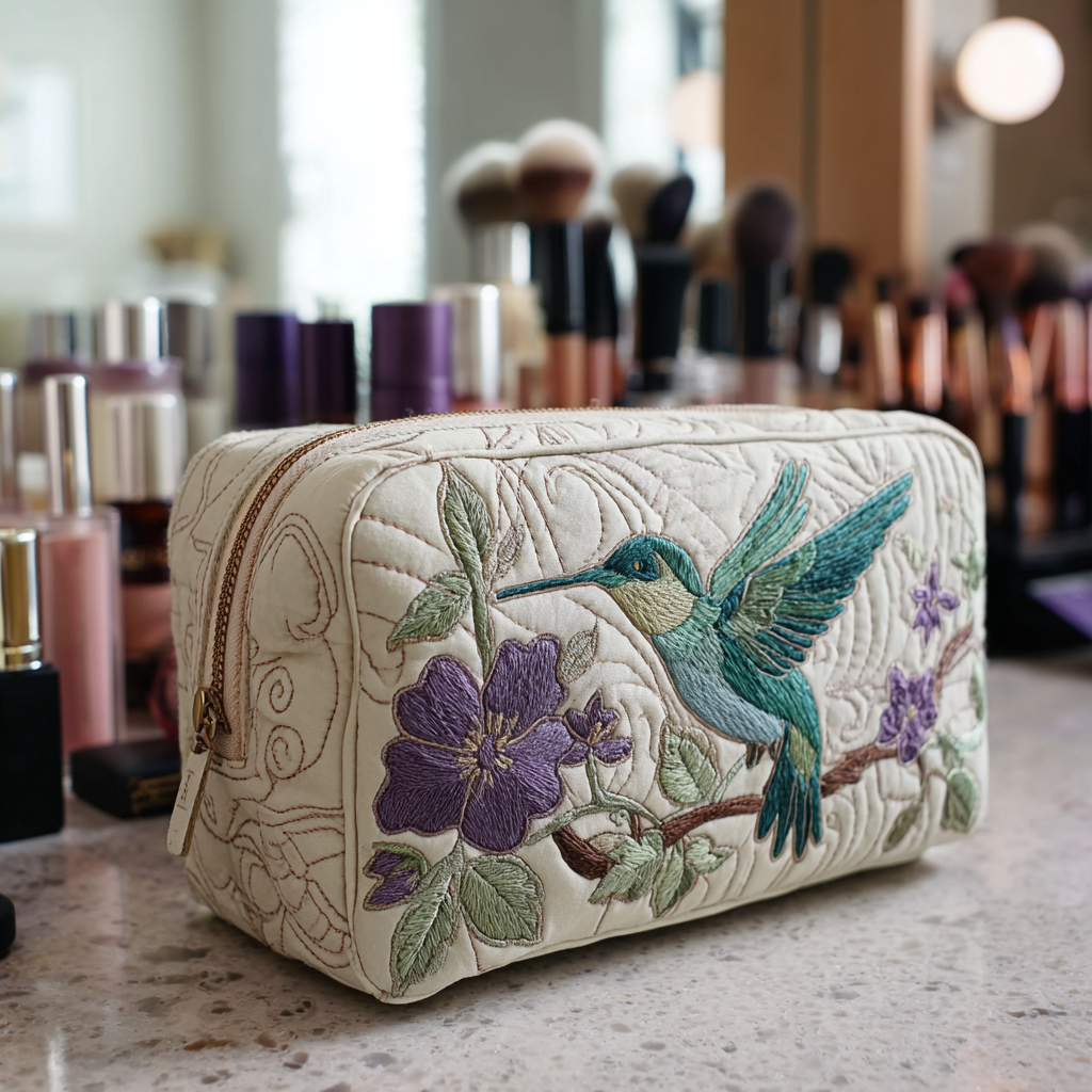Nathalie - Gewattete Kulturtasche Kolibris und Blumen