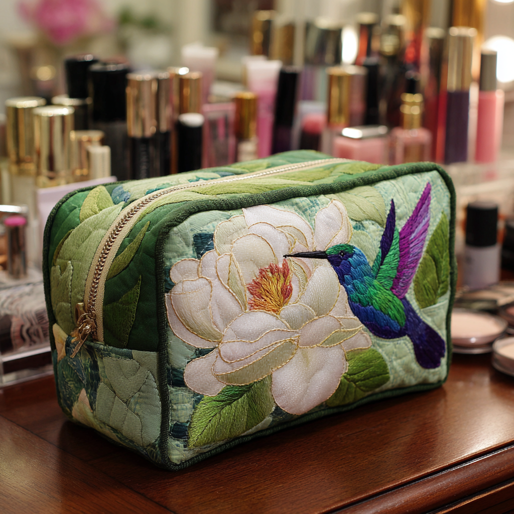 Petra - Gewattete Kulturtasche Quiltmuster und Kolibris
