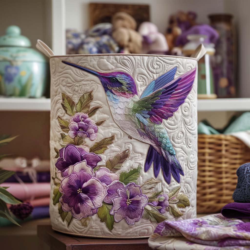 Gesteppter Wäschekorb - Kolibri mit Blumen