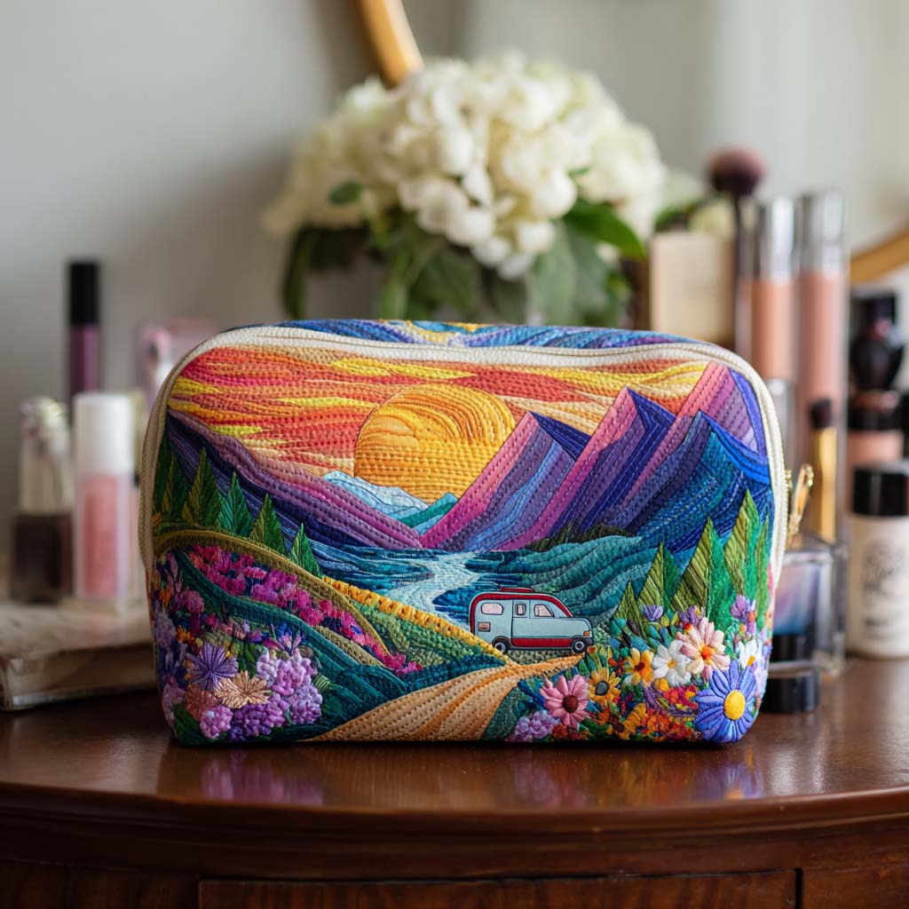 Tessa - Gewattete Kulturtasche Quilt und Retro-Reisemotiv