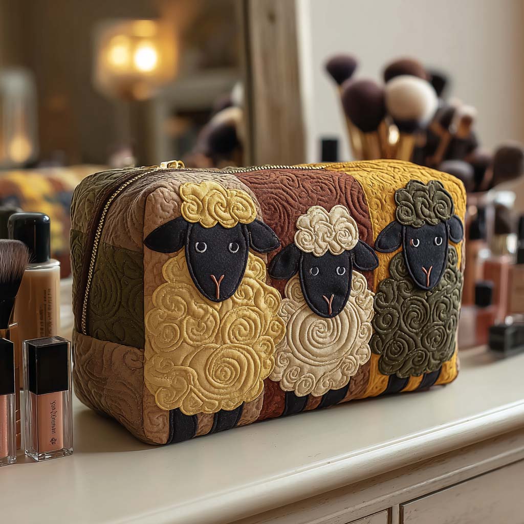 Sophie - Gewattete Kulturtasche Quiltmuster und Schaf-Trio