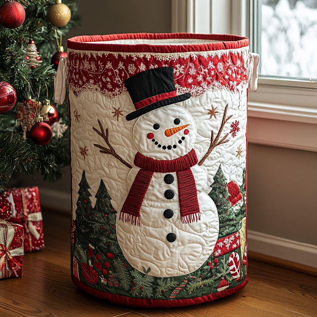 Gefütterter Wäschekorb - Fröhlicher Schneemann