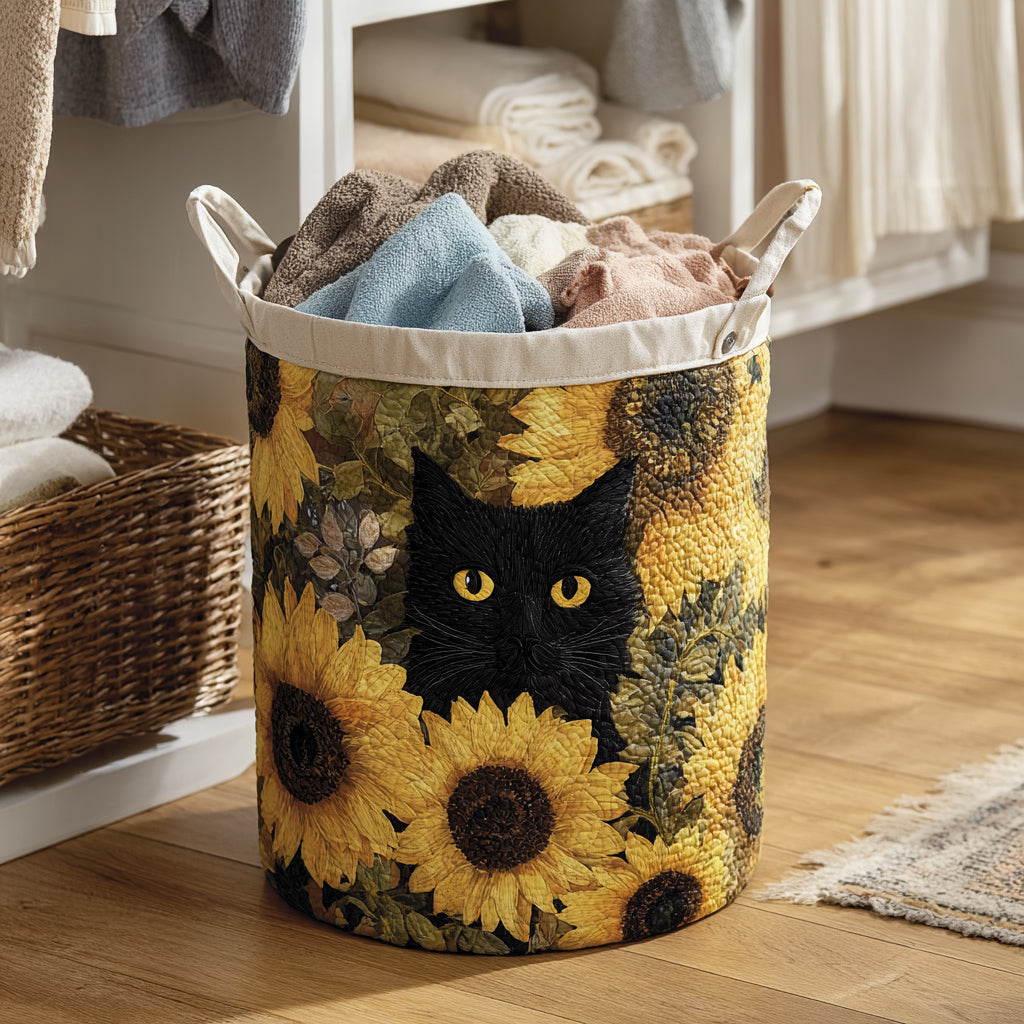 Gefütterter Wäschekorb - Schwarze Katze und Sonnenblume