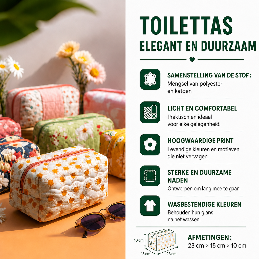 Femke - Gewattete Kulturtasche Gesticktes Blumenmuster